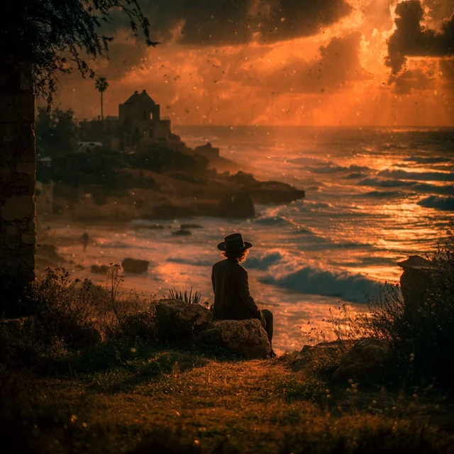 Contemplative Sunset Haredi Man Seaside Scene