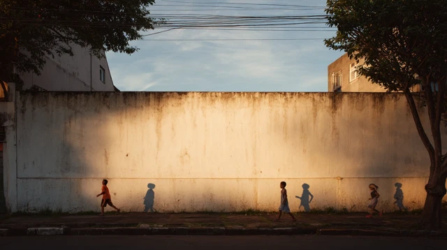Brazilian Street Scene Children Running Golden Hour