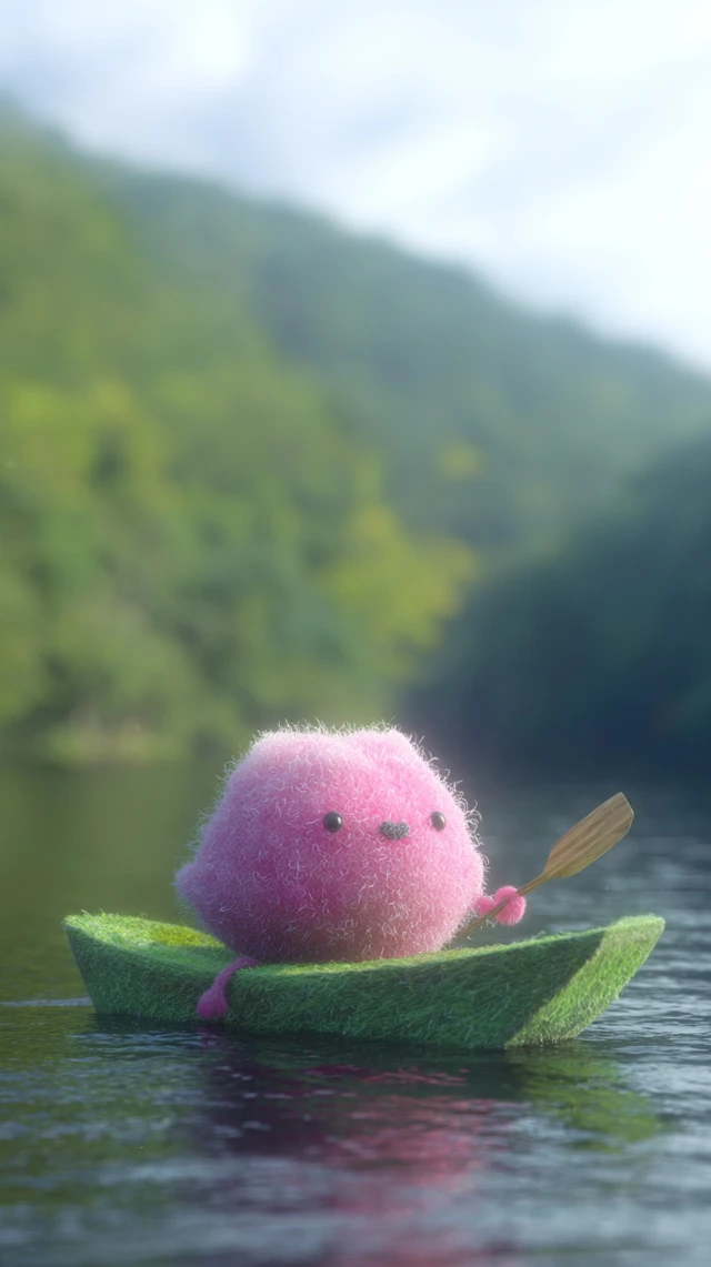 Cute Pink Monster Kayaking in Dreamy Lake