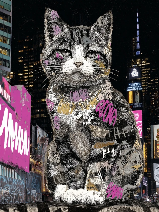 Cyberpunk Cat Neon City Collage