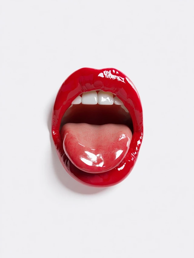 Hyperrealistic Red Lips with Tongue Out on White