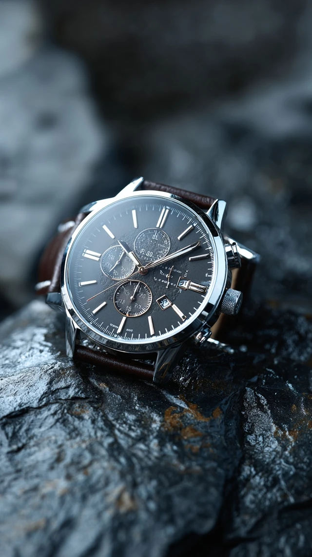 Luxury Silver Chronograph Watch on Dark Stone