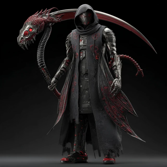 Cyberpunk Grim Reaper with Dragon Wings and Scythe