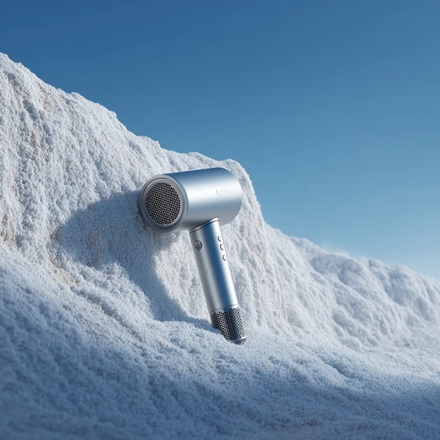 Silver Hair Dryer on Snow Ultra Realistic Detail