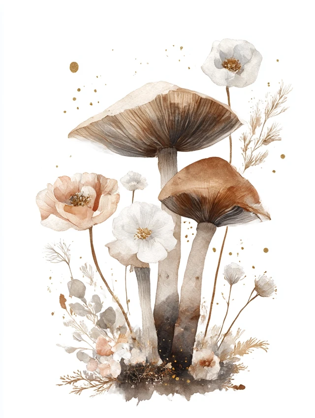 Watercolor Mushroom and Floral Art