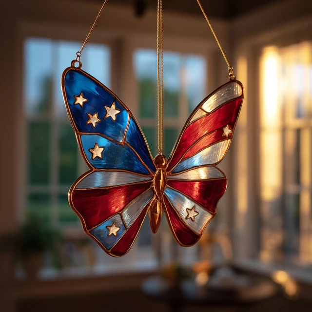 American Flag Stained Glass Butterfly Suncatcher