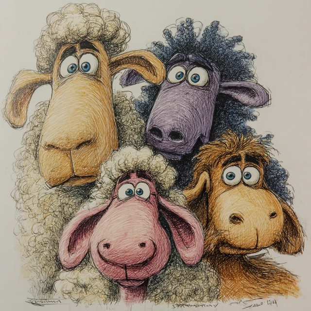 Whimsical Sheep Family Cartoon Illustration