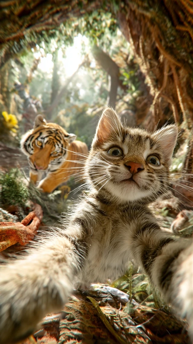 Kitten Selfie Chased by Tiger in Jungle