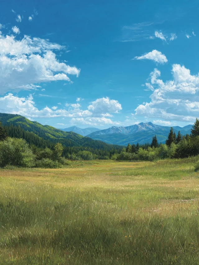Grassy Field Forested Mountains and Blue Sky Landscape