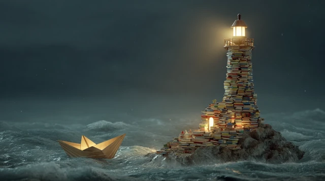Lighthouse of Knowledge Guiding Paper Boat