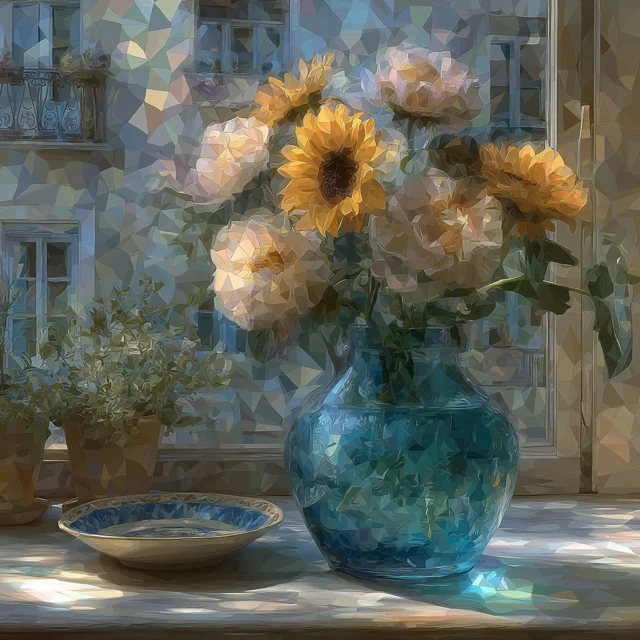 Abstract Watercolor Sunflowers in a Vase
