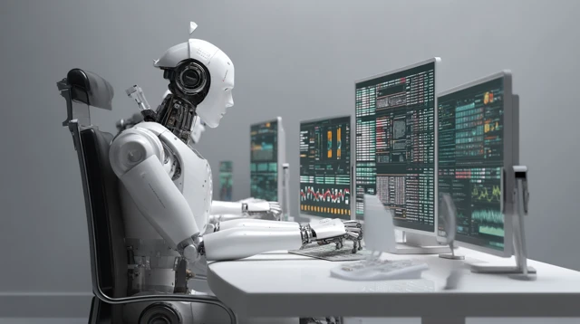 AI Agent Robot Working at Data Workstation