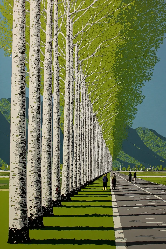 Birch Trees and Asphalt Road in Spring