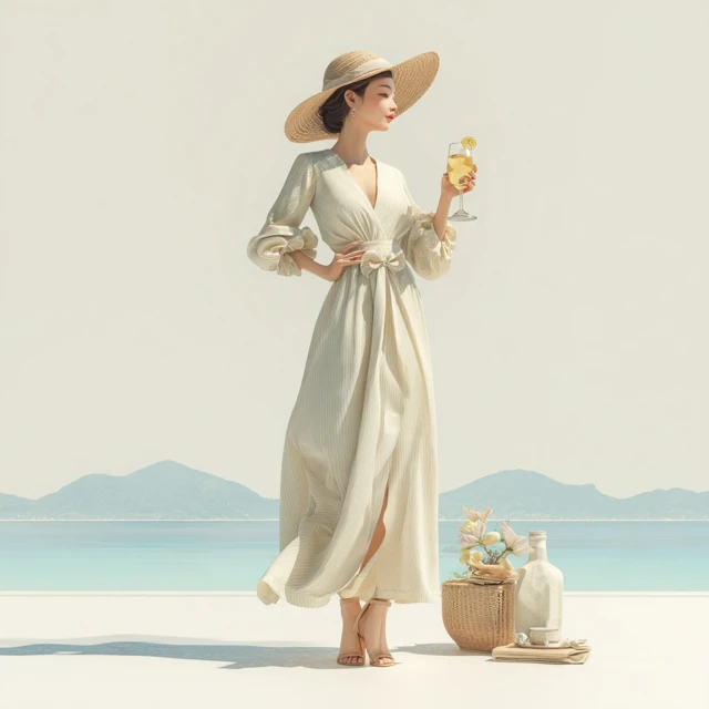 Asian Woman in Dress with Drink and Straw Hat