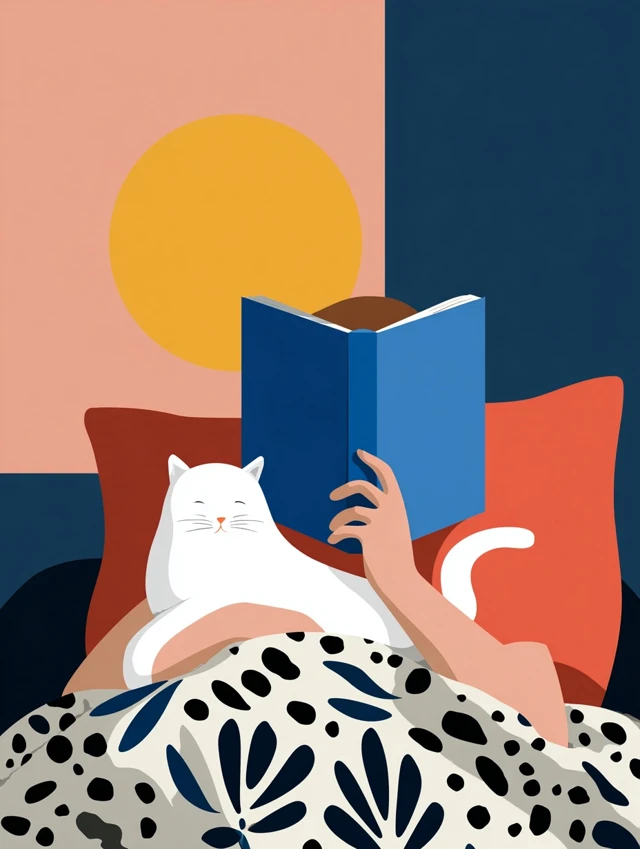 Woman Reading in Bed with Cat Minimalist Art