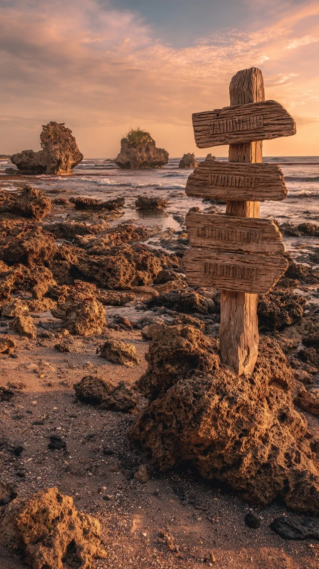 Rocky Beach Signpost Directional Guidance Warm Tones