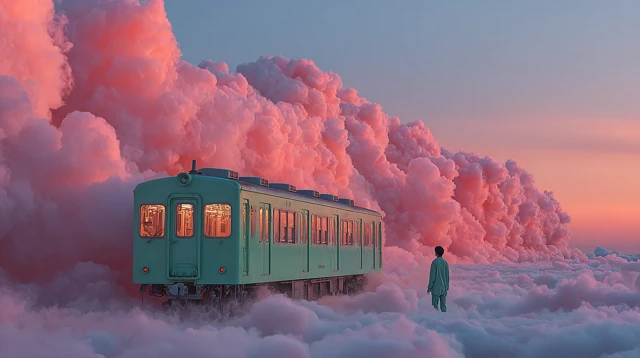 Dreamy Train in Cotton Candy Clouds Surreal Art