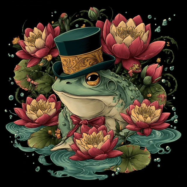 Frog in Top Hat with Water Lilies Tattoo Art
