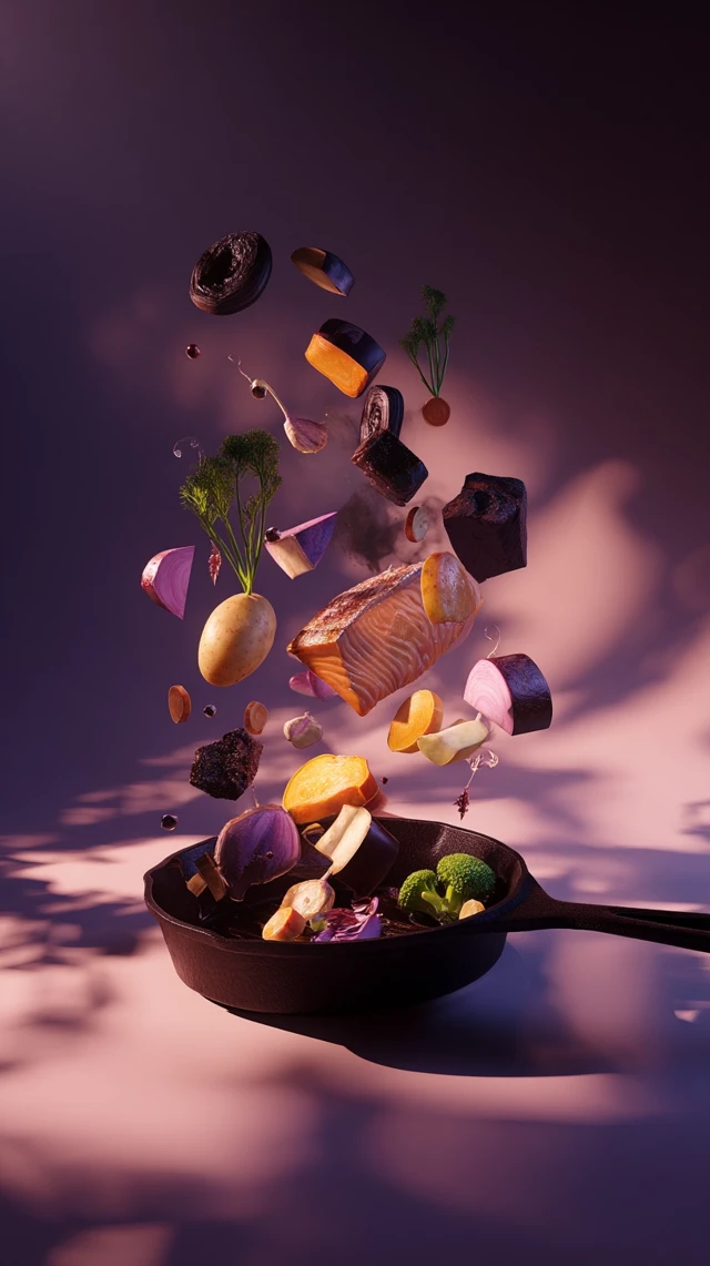 Grilled Fish and Veggies in a Cast Iron Pan 3D Render