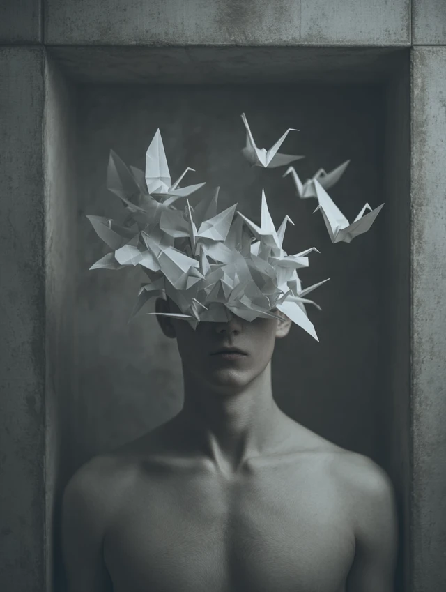 Man and Origami Cranes Surreal and Symbolic