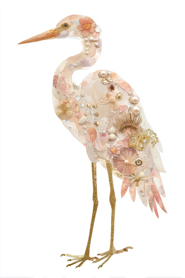 Elegant Egret Collage Art - Shabby Chic and Vintage Elements