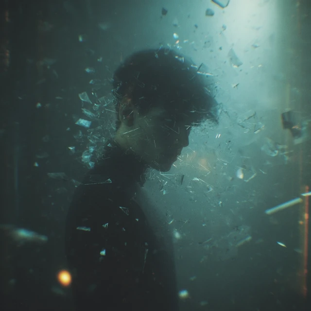 Surreal Scene Man Gazing at Abstract Forms