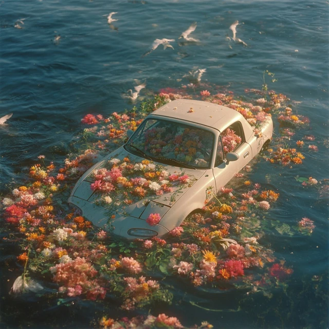 Flooded Mazda Miata Car with Flowers in Ocean