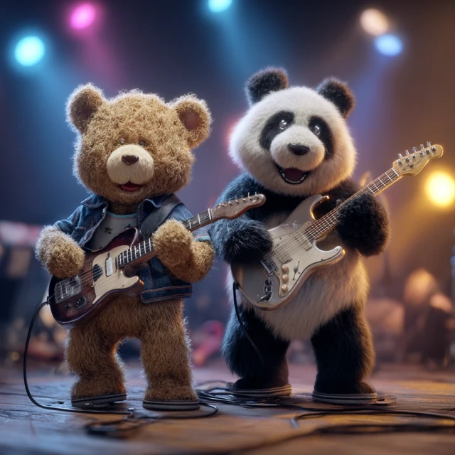 Teddy Bear and Panda Rock Band on Stage