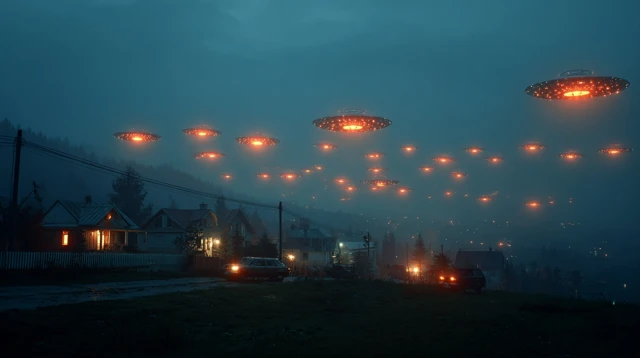 UFOs Over Rural Landscape Dusk Photorealistic