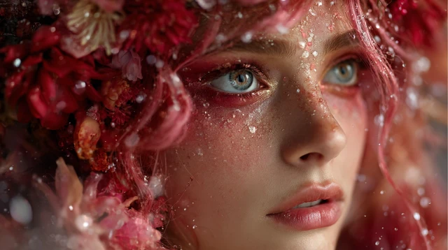 Ethereal Woman Portrait Flower Hair Red Blooms