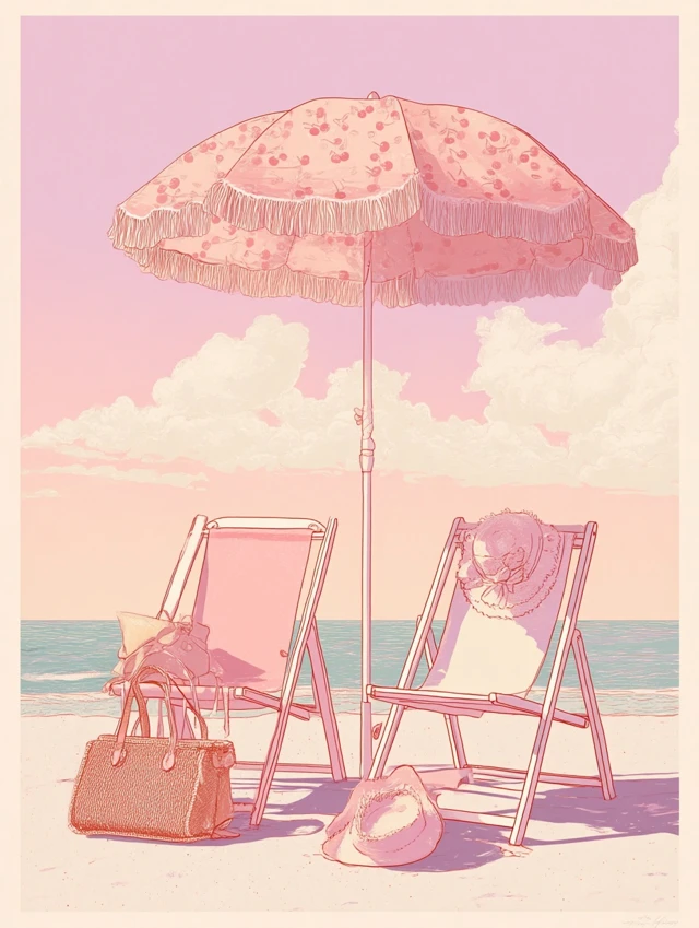 Pastel Beach Scene with Chairs and Umbrella
