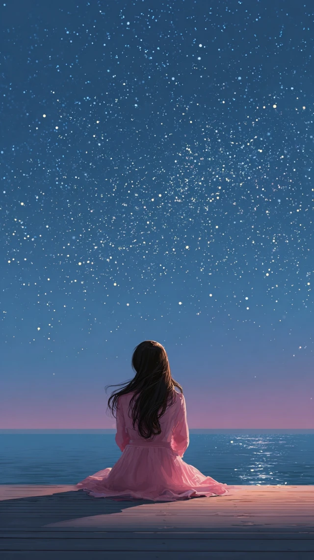 Woman on Pier Staring at Stars Night Sky