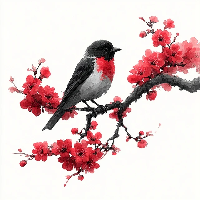 Oriental Bird on Cherry Blossom Branch Art
