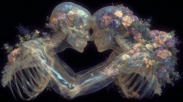 Floral Kiss of Skulls Surreal Romantic Art
