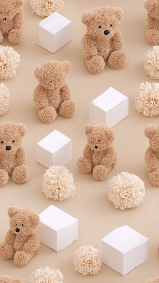 Cute Teddy Bear Pattern 3D Render Wallpaper Design