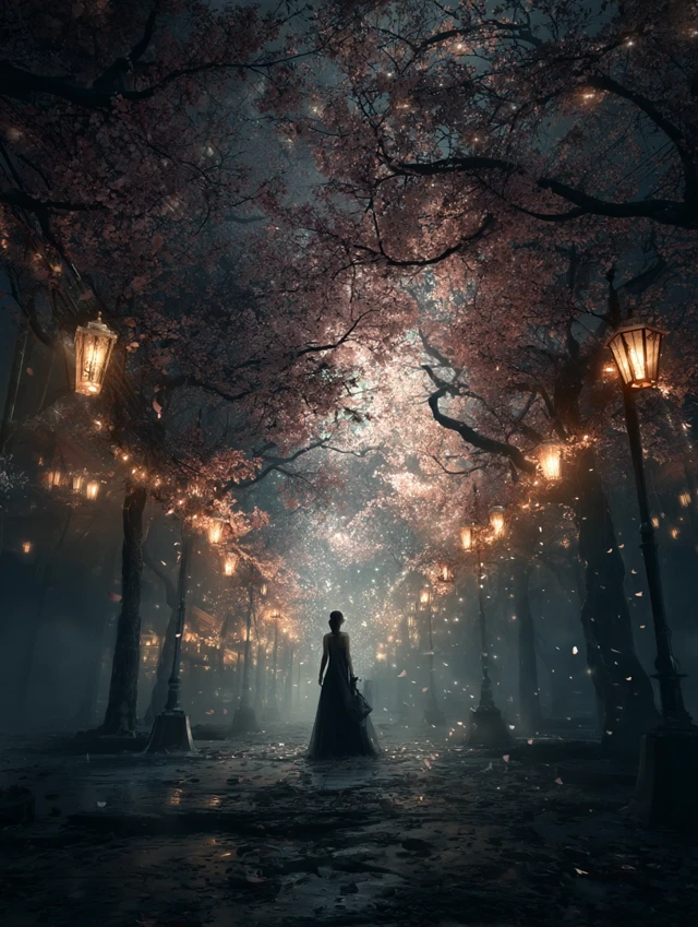 Magical Japanese Night Scene Cherry Blossom Tunnel