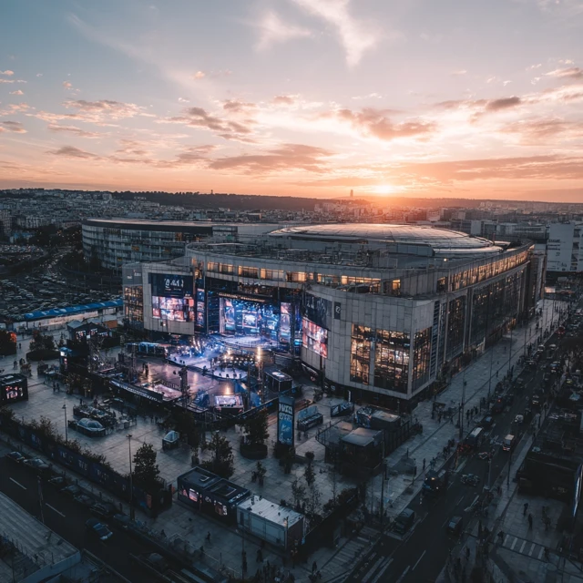 Paris Esports Arena Drone Shot Cityscape View 4K