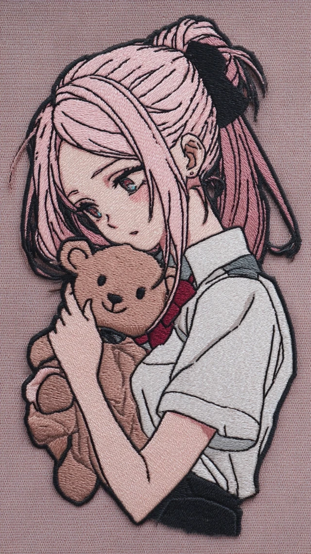 Anime Embroidered Patch Shy Girl With Teddy Bear