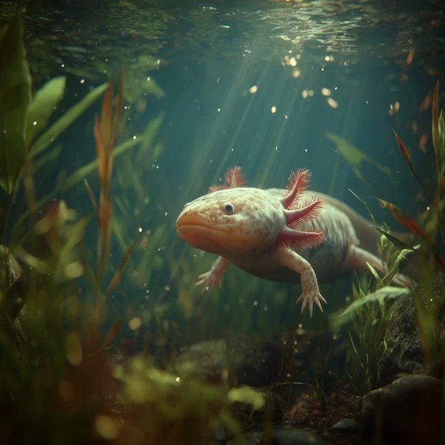 Realistic Axolotl Underwater in Clear Lake