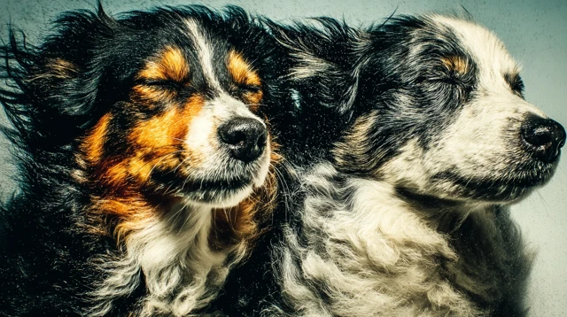 Joyful Canines: Blissful Pups Against Azure Backdrop