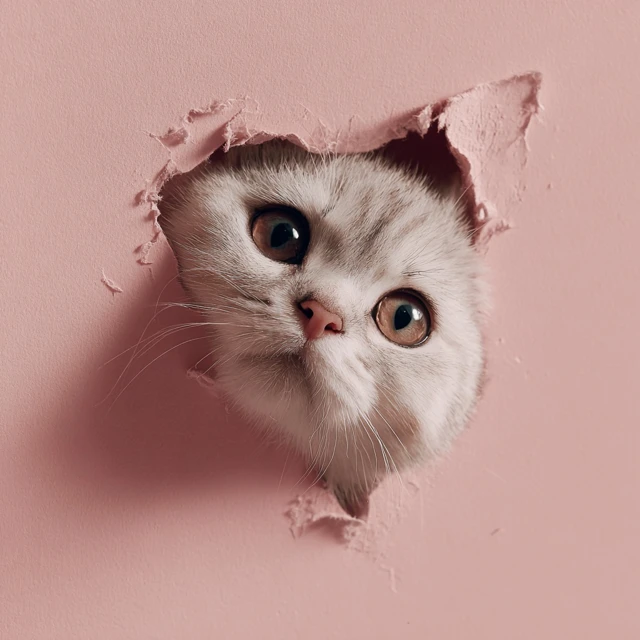 Cute Cat Peeking Through Pink Hole Tender Moment