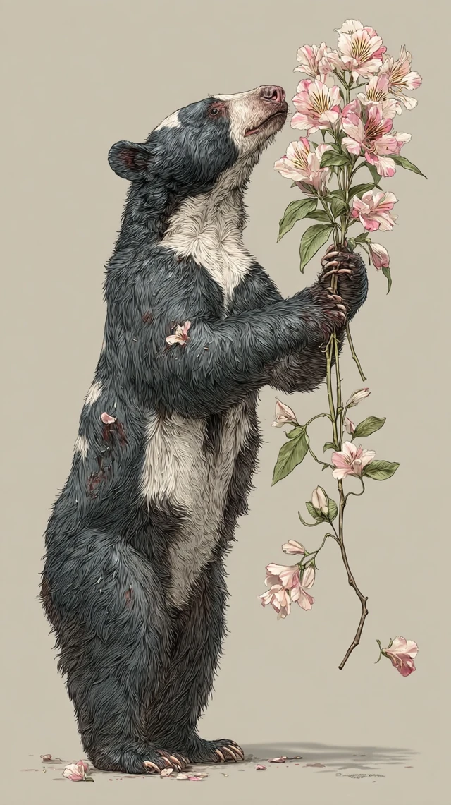 Spectacled Bear Smelling Flowers Art