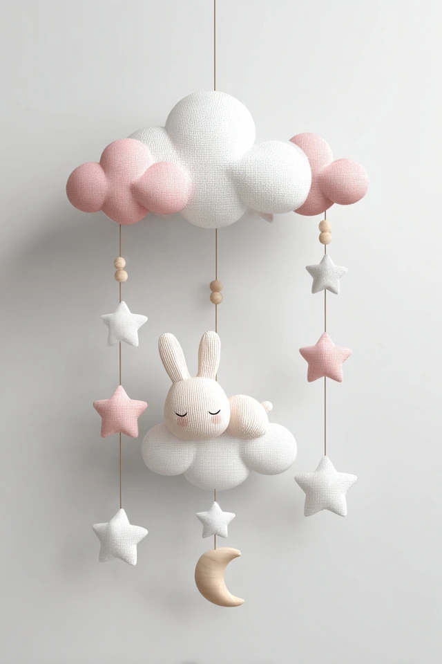 Cute Baby Nursery Art Pink Bunny and Clouds