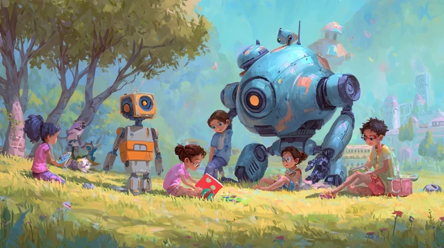 AI Robots Playing Games with Children Cartoon Wallpaper