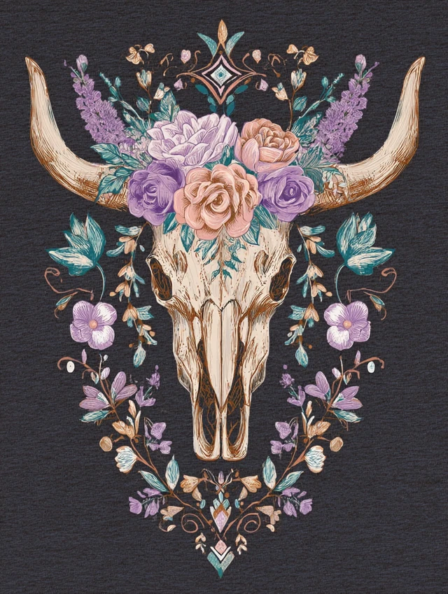 Boho Floral Cow Skull TShirt Design