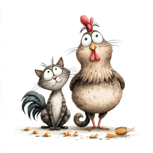 Cat and Rooster Friends Cartoon Illustration