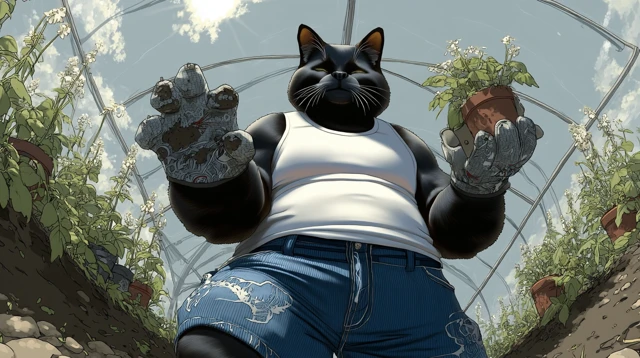 Black Cat Gardener Repotting Plants in a Greenhouse