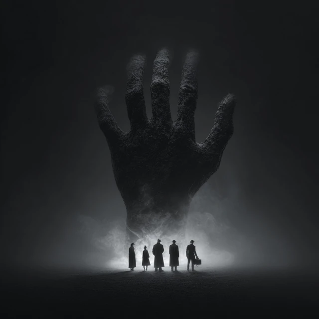 Shadowy Figures on a Giant Hand Fantasy Art