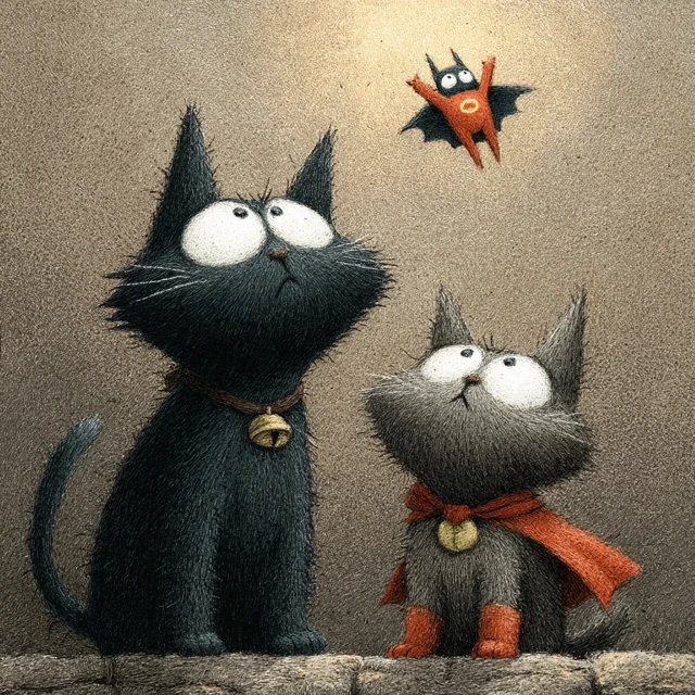 Cats and Bat Superhero Comic Illustration