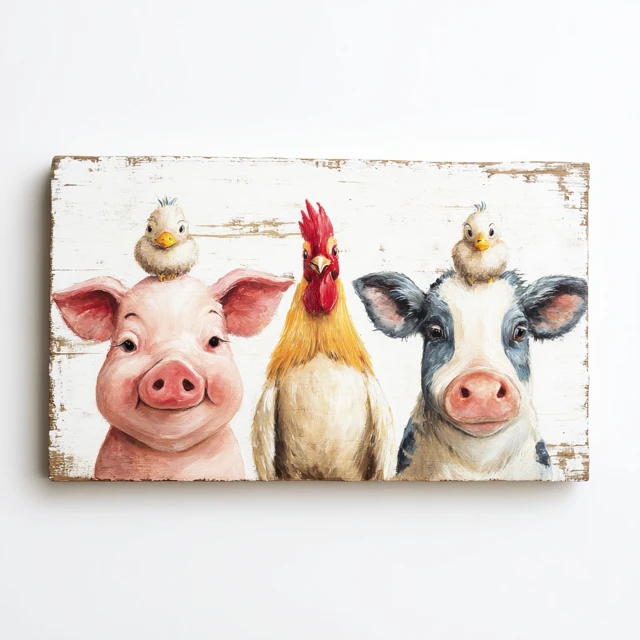 Cute Farm Animals Wall Art Pig Cow Rooster